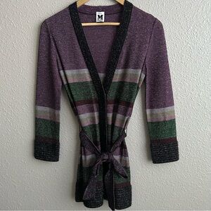 Mission Vintage Purple Metallic Striped Long Sleeve Tie Waist Cardigan Sweater